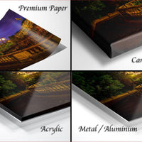 The image is a collage of four photos depicting a scenic landscape with a castle, trees, and a bridge. The photos are labeled as "Premium Paper", "Canvas Wrap", "Acrylic", and "Metal/Aluminum".