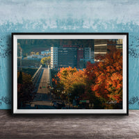 a cityscape with a bridge, buildings, and trees with autumn foliage.