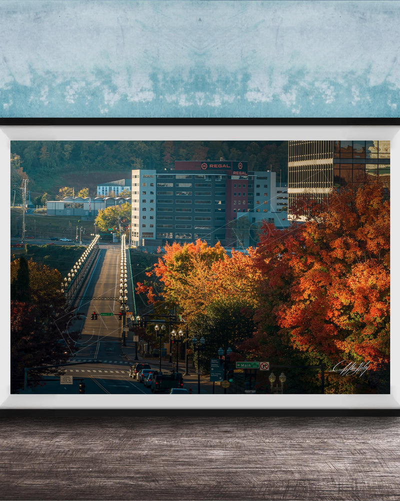 a cityscape with a bridge, buildings, and trees with autumn foliage.