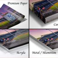 The image is a collage of four different views of a baseball stadium, showcasing the stadium's architecture and surrounding landscape.