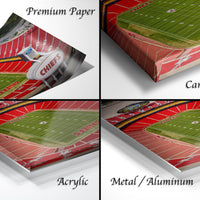 The image is a collage of four different views of a football stadium, each with a different perspective. The stadium appears to be made of paper, canvas, or metal/aluminum, depending on the material used. The collage is labeled with the words "Premium Paper", "Canvas Wrap", "Acrylic", and "Metal/Aluminum".