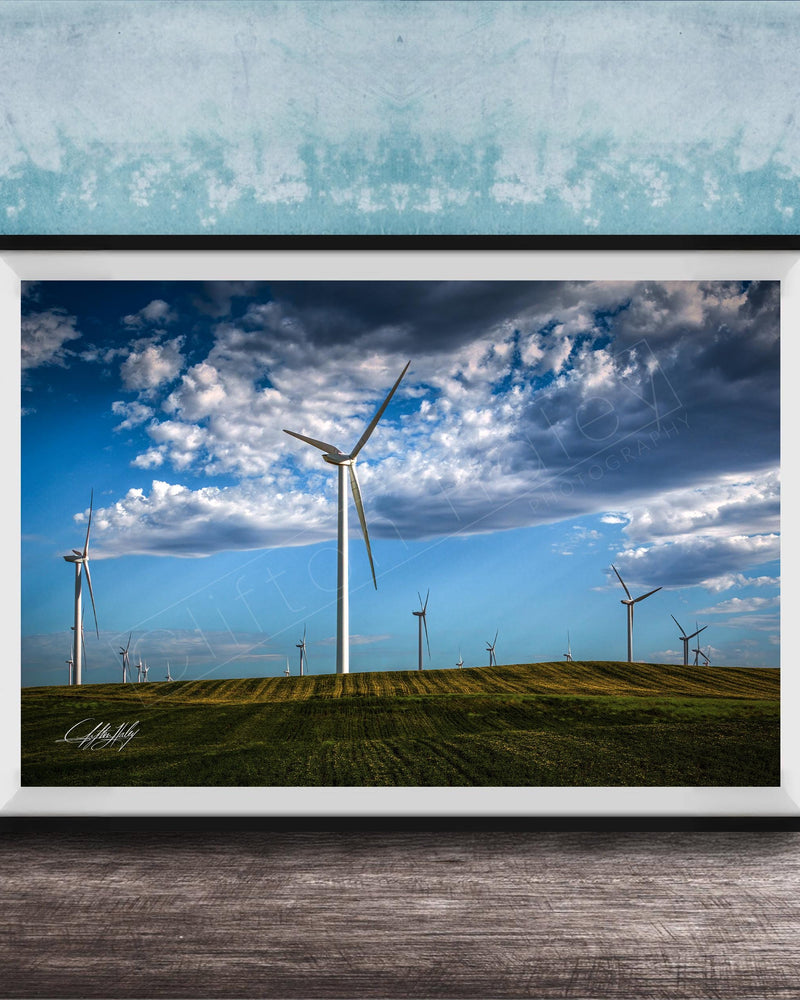 Wind Turbine Print, Blue Green Minimalist Landscape Eco Wall Art