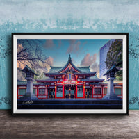 A framed photograph of a traditional Japanese temple with a red roof and white walls, set against a blue sky with clouds.