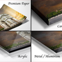 The image is a collage of four different views of the Arc de Triomphe, showcasing the artwork in various materials such as premium paper, canvas wrap, acrylic, and metal/aluminum.