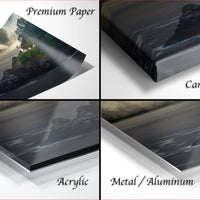 The image is a collage of four different images, each depicting a landscape scene. The images are labeled as "Premium Paper", "Canvas Wrap", "Acrylic", and "Metal/Aluminum".