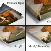 The image is a collage of four different views of an elephant, each with a different material or finish, including acrylic, metal, and canvas wrap.