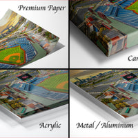 four different views of a baseball stadium, each with a distinct perspective and angle. The text labels the different materials used for the artwork, including "Premium Paper", "Canvas Wrap", "Acrylic", and "Metal/Aluminum".