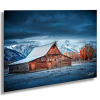 Grand Teton photography, Moulton Barn print, Jackson Hole wall art, Wyoming landscape photo, rustic farmhouse decor, snow mountain photography, autumn nature print, blue hour fine art, western barn photo, scenic American West, Teton sunrise photo, rustic wall decor, fine art landscape print, cabin lodge wall art, national park photography, collectible fine art photo, mountain view decor, nature wall print, serene landscape artwork, limited edition wall art