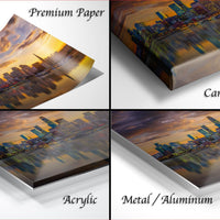San Francisco sunset skyline print, Port of San Francisco fine art wall decor, Transamerica Pyramid reflection art, California coastal skyline photograph, Bay Area waterfront cityscape, modern skyline photo for living room, historical San Francisco art print, golden hour city reflection canvas