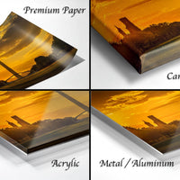 four different views of a sunset landscape, each with a different material or finish applied to it. The text labels the images as "Premium Paper", "Canvas Wrap", "Acrylic", and "Metal/Aluminum".