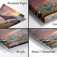 The image is a collage of four different images, each depicting a different aspect of the Eiffel Tower. The images include a close-up view of the tower's intricate details, a wide-angle shot of the tower against a cloudy sky, a close-up of the tower's roof, and a close-up of the tower's facade. The images are labeled as "Premium Paper", "Canvas Wrap", "Acrylic", and "Metal/Aluminum" to describe the materials used in the prints.