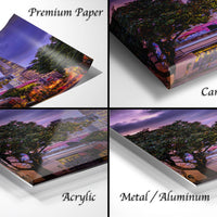 The image is a collage of four different views of a cityscape at sunset, each with a distinct texture and finish. The first image is a printed photograph on premium paper, the second image is a canvas wrap, the third image is an acrylic print, and the fourth image is a metal/aluminum print.