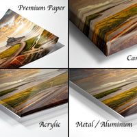 The image is a collage of four different types of print materials, including premium paper, canvas wrap, acrylic, and metal/aluminum.
