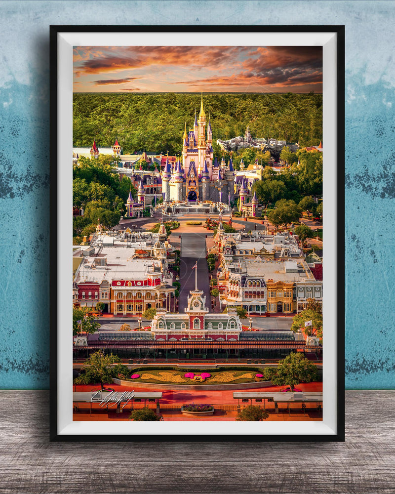 A framed aerial view of a colorful and whimsical theme park, with a castle-like structure in the background and various buildings and attractions in the foreground.