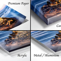 The image is a collage of four different views of a cityscape, each with a distinct finish: "Premium Paper", "Canvas Wrap", "Acrylic", and "Metal/Aluminum".
