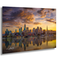San Francisco sunset skyline print, Port of San Francisco fine art wall decor, Transamerica Pyramid reflection art, California coastal skyline photograph, Bay Area waterfront cityscape, modern skyline photo for living room, historical San Francisco art print, golden hour city reflection canvas