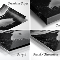 The image is a collage of four different photographs, each depicting a landscape scene. The photographs are labeled as "Premium Paper", "Canvas Wrap", "Acrylic", and "Metal/Aluminum".