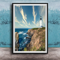 A framed photograph of a lighthouse on a cliff overlooking the ocean, with a blue sky and wispy clouds in the background.