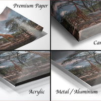 The image is a collage of four different views of a painting or artwork depicting a giraffe and zebras in a natural setting.