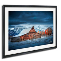 Grand Teton photography, Moulton Barn print, Jackson Hole wall art, Wyoming landscape photo, rustic farmhouse decor, snow mountain photography, autumn nature print, blue hour fine art, western barn photo, scenic American West, Teton sunrise photo, rustic wall decor, fine art landscape print, cabin lodge wall art, national park photography, collectible fine art photo, mountain view decor, nature wall print, serene landscape artwork, limited edition wall art