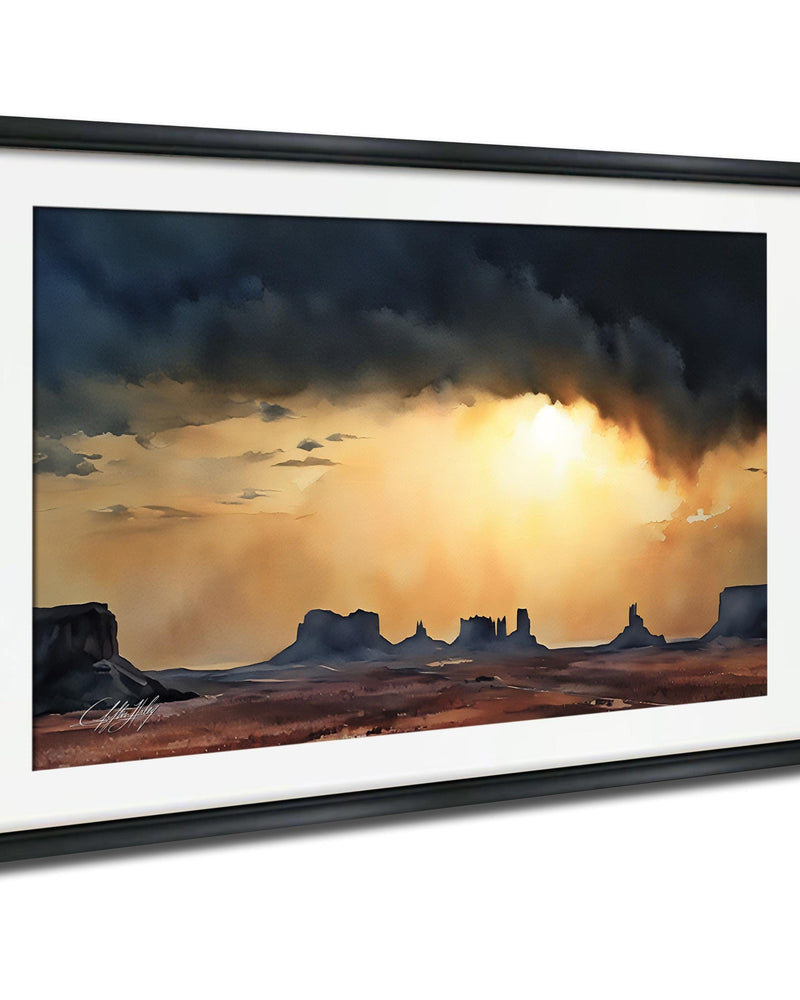 a dramatic desert landscape with a dramatic sky filled with clouds and the sun peeking through, creating a striking contrast between the dark sky and the warm, golden light.