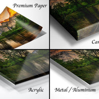 The image is a collage of four different views of a landscape, including a premium paper print, a canvas wrap, an acrylic print, and a metal/aluminum print.