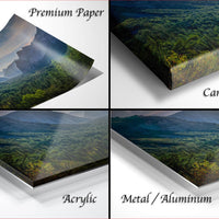 The image is a collage of four different images, each depicting a landscape scene. The images are labeled as "Premium Paper", "Canvas Wrap", "Acrylic", and "Metal/Aluminum".