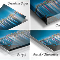 The image is a collage of four different views of a cityscape, each with a distinct perspective and framing. The collage includes a close-up view of the city skyline, a wide-angle view of the city, a close-up view of the city skyline, and a close-up view of the city skyline. The collage is labeled as "Premium Paper", "Canvas Wrap", "Acrylic", and "Metal/Aluminum".