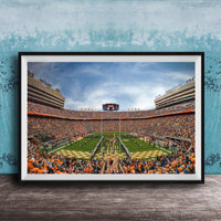 A framed photograph of a crowded football stadium during a game, with the field and stands filled with spectators.
