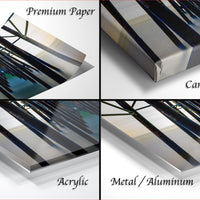 The image is a collage of four different types of print materials, including premium paper, canvas wrap, acrylic, and metal/aluminum.