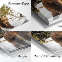 The image is a collage of four photos featuring a brown bear in various settings, including a snowy forest and a snowy landscape.