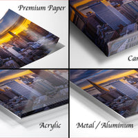 The image is a collage of four different views of a cityscape at sunset, with the city appearing in various materials such as acrylic, metal, and aluminum.