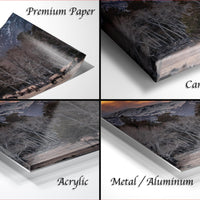 The image is a collage of four different views of a landscape, including a premium paper print, a canvas wrap, an acrylic print, and a metal/aluminum print.