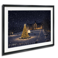 A large, illuminated Christmas tree stands in the center of a snowy courtyard, surrounded by a fountain and a castle-like building in the background.