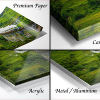The image is a collage of four different views of a landscape, including a close-up of a train on a bridge, a close-up of a lush green field, a close-up of a train on a bridge, and a close-up of a lush green field.