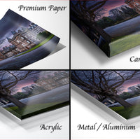 The image is a collage of four photos depicting a tree-lined street with a castle in the background, each with a different finish: "Premium Paper", "Canvas Wrap", "Acrylic", and "Metal/Aluminum".