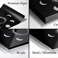 The image is a collage of four different images, each depicting a black and white celestial object, such as a crescent moon or a solar eclipse. The images are labeled as "Premium Paper", "Canvas Wrap", "Acrylic", and "Metal/Aluminum" to describe the materials used in the artwork.