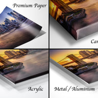 The image is a collage of four different views of a cityscape at sunset, with the city skyline visible in the background.