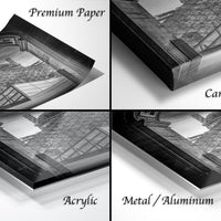 The image is a collage of four different views of a building, each with a different frame type: "Premium Paper", "Canvas Wrap", "Acrylic", and "Metal/Aluminum".