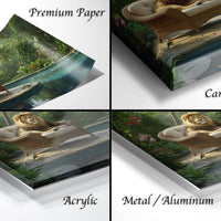 The image is a collage of four different images, each depicting a lion sitting on a chair in a natural setting. The images are labeled as "Premium Paper", "Canvas Wrap", "Acrylic", and "Metal/Aluminum".