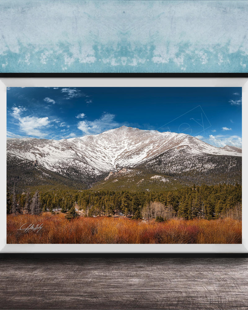 A framed photograph of a snow-capped mountain range with a forested valley in the foreground, set against a blue sky with wispy clouds.