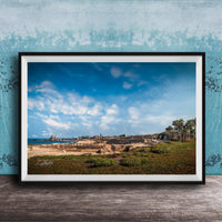 The image is a framed photograph of a beach with palm trees and a castle in the distance, set against a blue sky with white clouds.