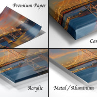 The image is a collage of four different views of a bridge at sunset, each with a different material or finish, including acrylic, metal, and aluminum.