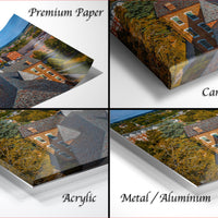 The image is a collage of four different images, each depicting a house with a unique roof design. The images are labeled as "Premium Paper", "Canvas Wrap", "Acrylic", and "Metal/Aluminum".