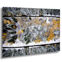 An aerial view of a snowy forest landscape with a winding path cutting through the trees.