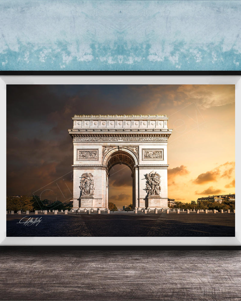 a large, ornate archway with intricate carvings and statues, set against a dramatic sky with clouds and warm colors.