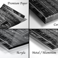 The image is a collage of four different views of a building, each with a different finish: "Premium Paper", "Canvas Wrap", "Acrylic", and "Metal/Aluminum".