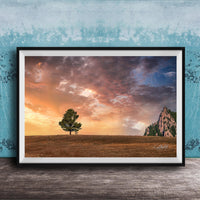 a serene landscape with a lone tree standing in a field, set against a dramatic sky filled with clouds and a mountain in the distance.