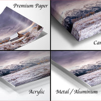 The image is a collage of four different images, each depicting a snowy landscape with mountains in the background. The images are labeled as "Premium Paper", "Canvas Wrap", "Acrylic", and "Metal/Aluminum".