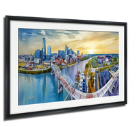 The image is a framed painting depicting a cityscape with a bridge, buildings, and a river.
